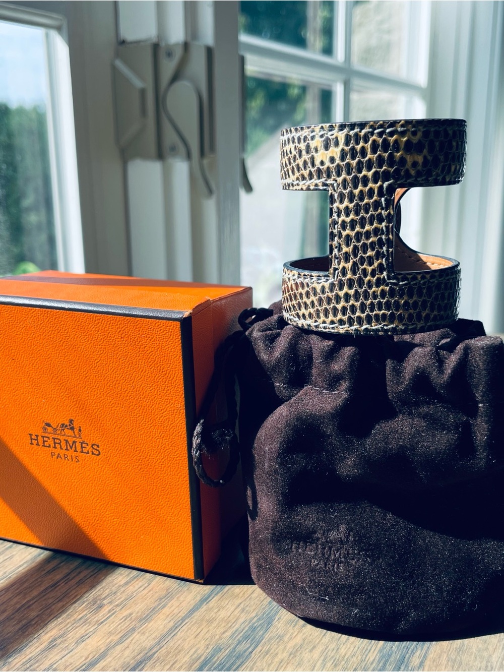 Hermès Rare Exotic Lizard Ano Leather Cuff Bracelet - Natural Ombré